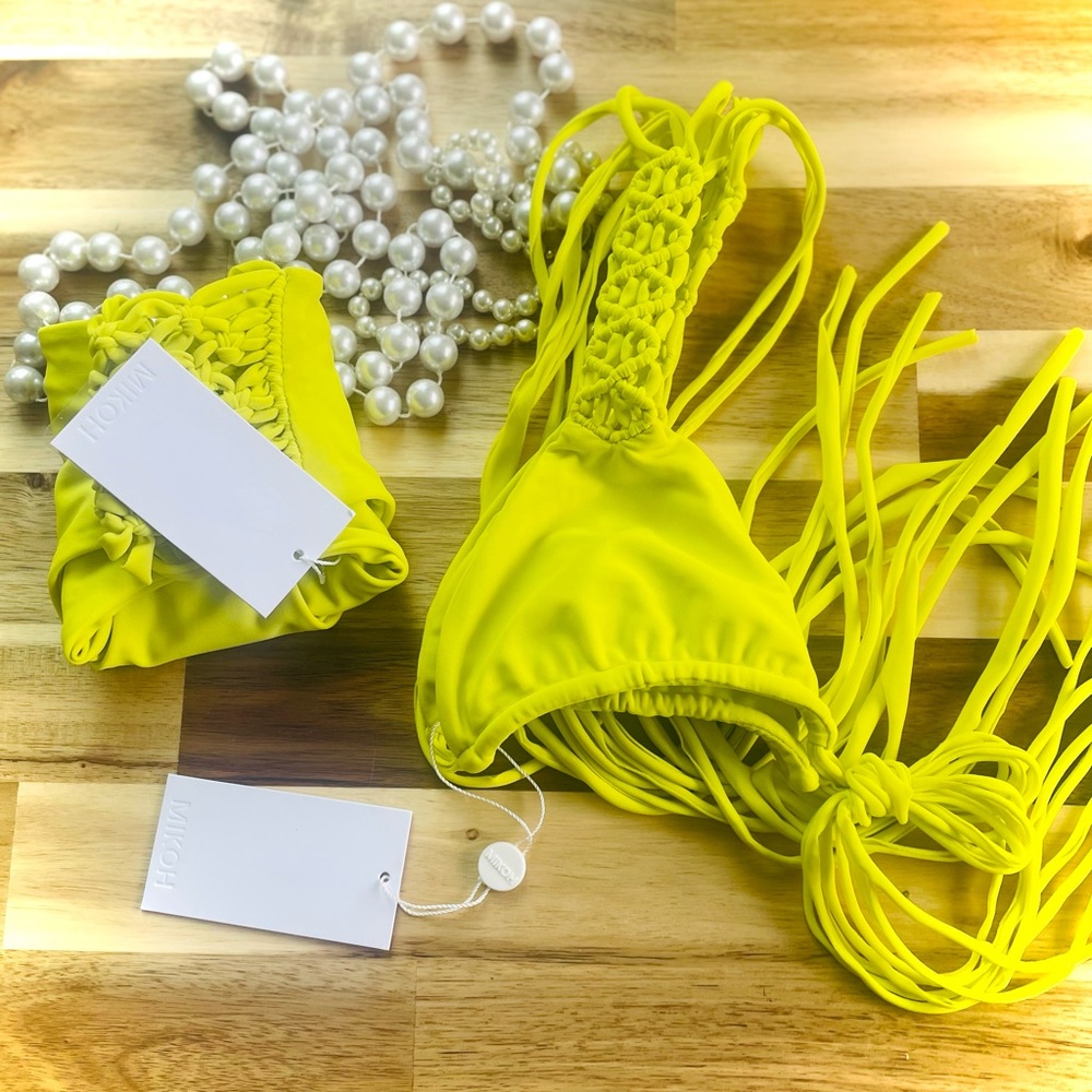 MIKOH | S / M | Kula Lilikoi Woven Detail Triangle Strappy Bikini Halter Top NWT